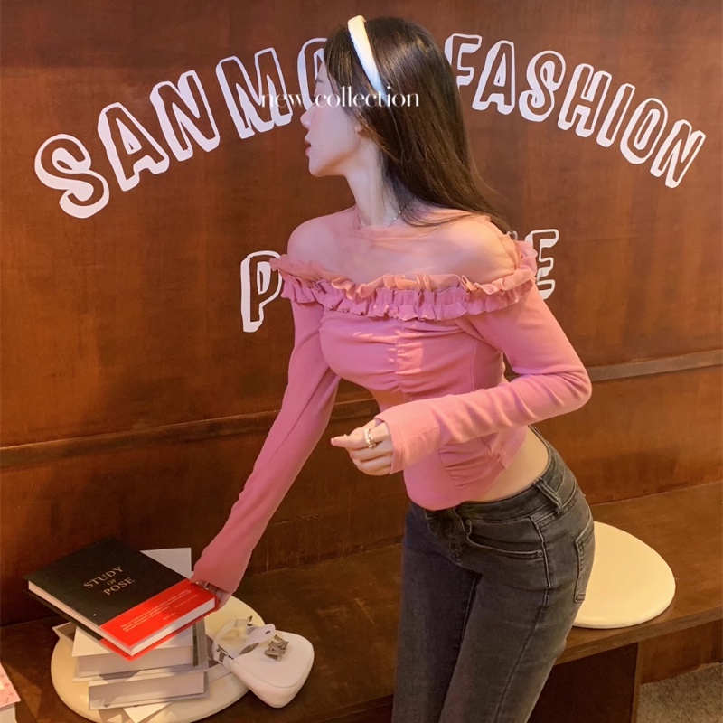 IELGY  Áo Dệt Kim Tay Dài Phối Ren Thời Trang Cho Nữ