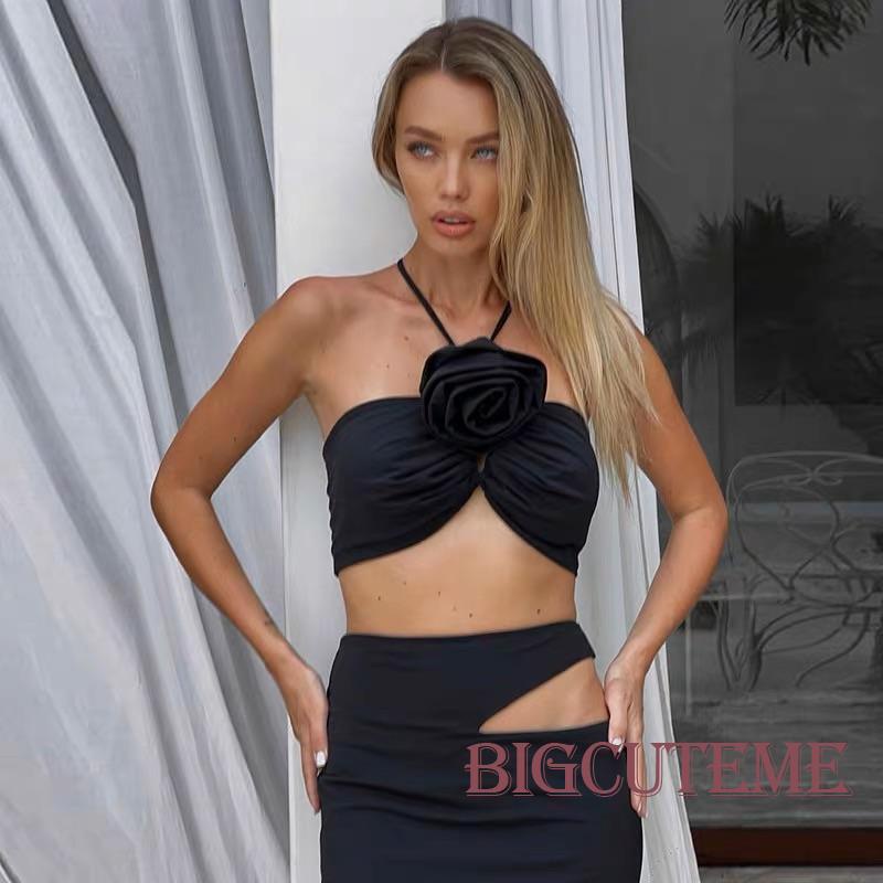 Set Đồ Mùa Hè 2 Món Gồm Áo Hai Dây Buộc Cổ Buộc Dây Màu Trơn + Chân Váy Dài Họa Tiết Hoa Màu Trắng / Đen Cho Nữ