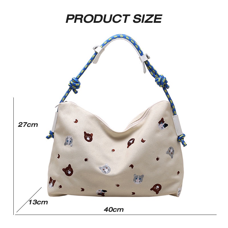 Menas Túi Xách Đeo Vai Vải Bạt Thêu Hình Mèo Thời Trang Nam Tính