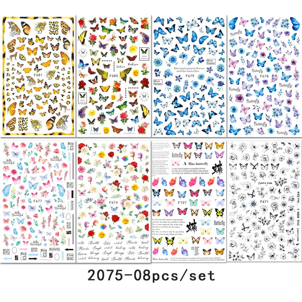 Set 8 Tấm Hình Dán Trang Trí Móng Tay Tự Dính Họa Tiết Bướm Màu Xanh Dương / Đen / Vàng Dành Cho Nữ