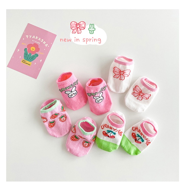 Set 4 Đôi Vớ Cotton Mỏng Họa Tiết Thỏ / Dâu Tây / Cherry Dễ Thương Chống Trượt Mùa Hè Cho Bé Gái MSW-102 1-8 Tuổi