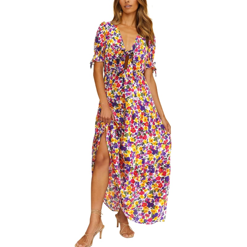 Đầm Maxi Tay Ngắn Cổ Chữ V Thắt Nút Trước In Họa Tiết Hoa Phong Cách Boho Dành Cho Nữ