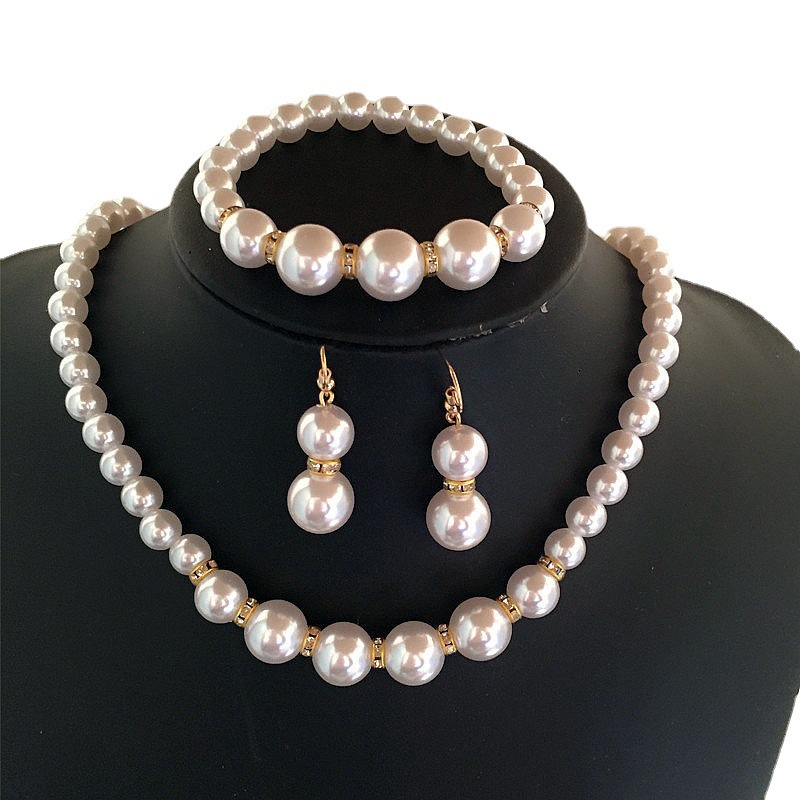 Bộ Trang Sức Ba Món Đính Ngọc Trai Nhân Tạo Màu Trắng Thời Trang Dành Cho Cô Dâu Thời trang Lady Faux White Pearl Necklace Earrings Bracelet Set Giá đặc biệt tại chỗ Trang sức cưới