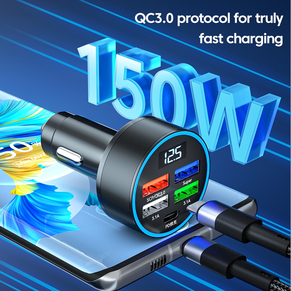 Tẩu Sạc Nhanh 5 Cổng Usb Type C 150W Cho Điện Thoại Xiaomi Huawei Trên Xe Hơi