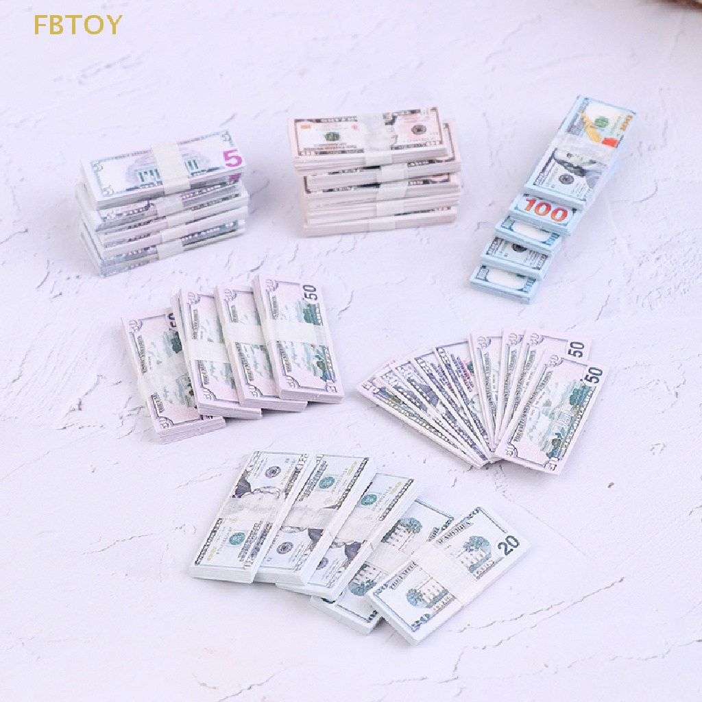Set 100 Tờ Tiền Đô La 5 / 10 / 20 / 50 / 100 Trang Trí Nhà Búp Bê 1: 12