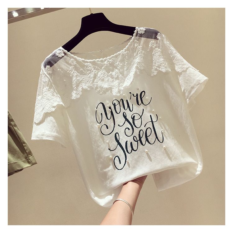 Áo Thun Tay Ngắn Phối Ren Đính Hạt Thời Trang Hàn Quốc 2023 Cho Nữ