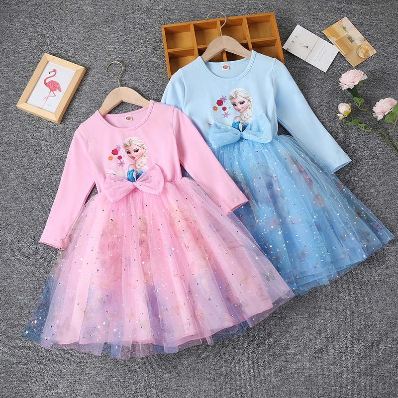 Đầm Công Chúa Elsa Tay Dài Dễ Thương Cho Bé Gái