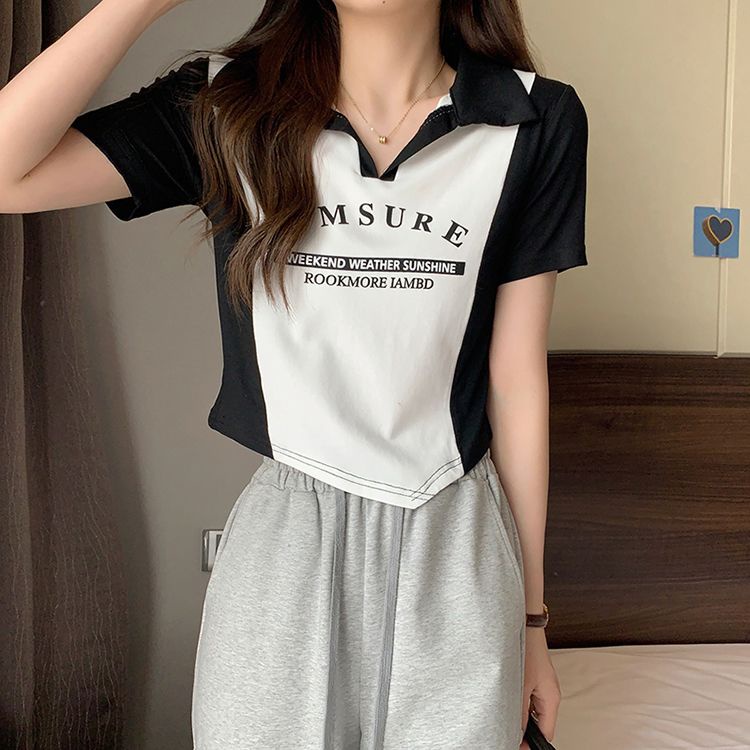COZOK Áo polo Ngắn Tay In Chữ Ôm Dáng Thiết Kế Lệch Tà Cá Tính