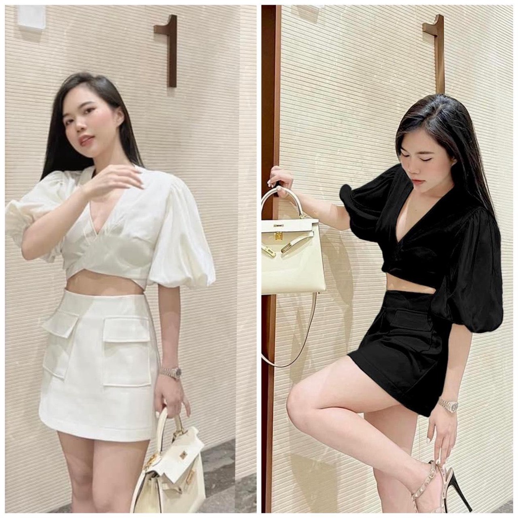 Set áo croptopt tay phồng cột eo chân váy💖 KÈM ẢNH THẬT
