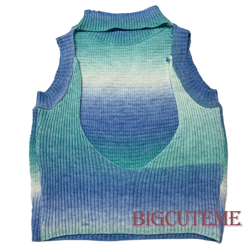 Áo Croptop Dệt Kim Không Tay Cổ Cao Hở Lưng Màu Gradient Thời Trang Mùa Hè Dành Cho Nữ