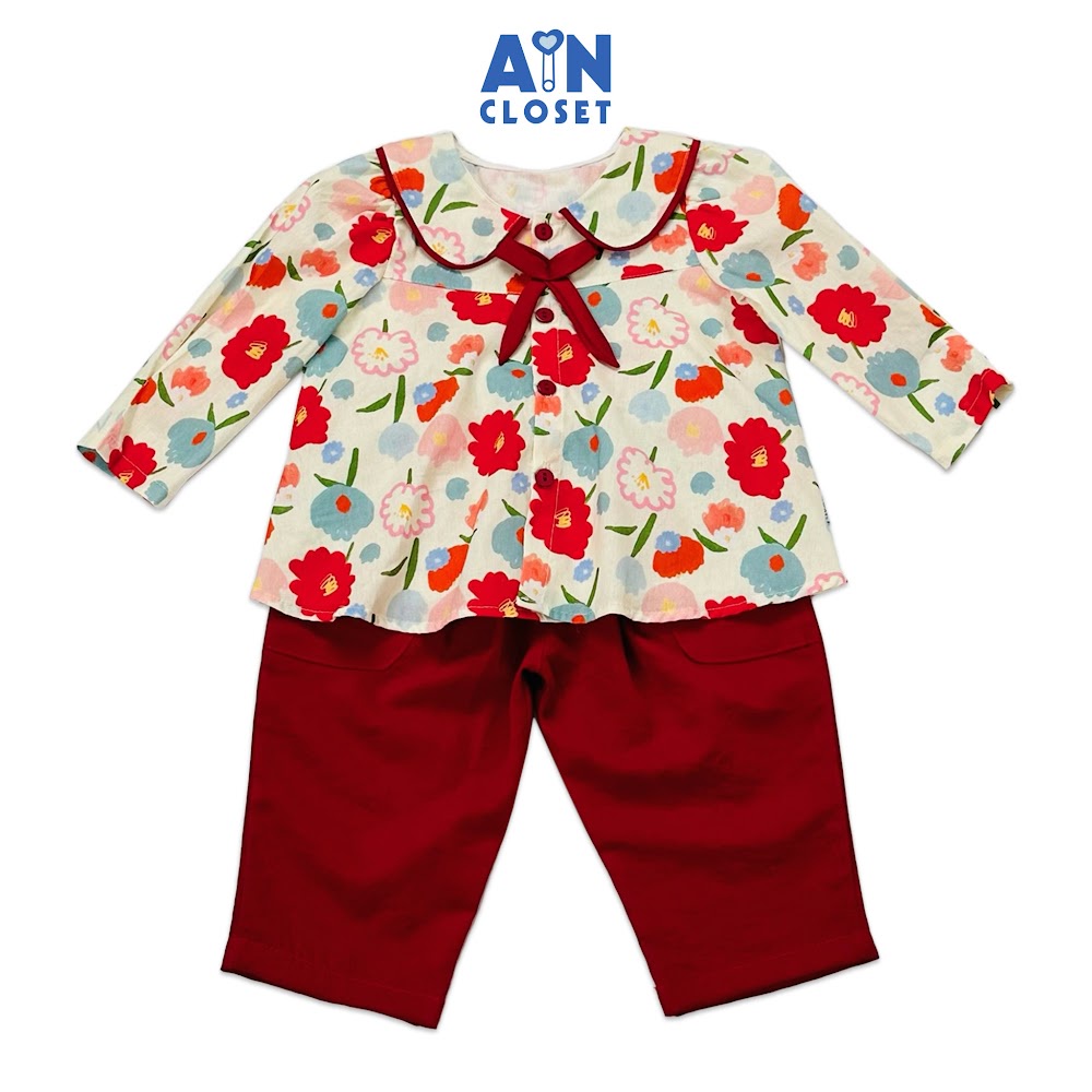 Bộ quần áo dài bé gái họa tiết Hoa Nơ quần đỏ cotton - AICDBGAZFWIM - AIN Closet