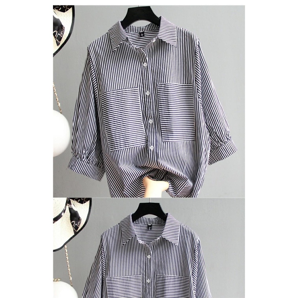 Áo Sơ Mi Tay Lửng Họa Tiết Kẻ Sọc Phong Cách Hàn Quốc Dành Cho Nữ