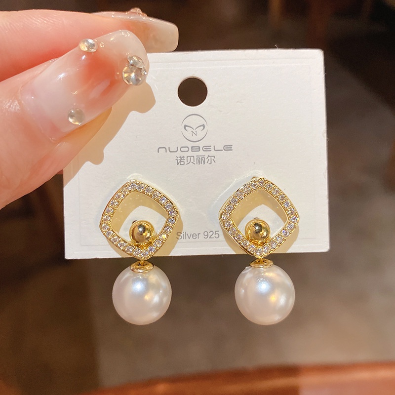 Bông Tai Mạ Bạc Đính Ngọc Trai Hình Vuông Thời Trang