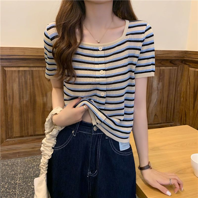 Áo Thun Dệt Kim Ngắn Tay Cổ Vuông Họa Tiết Kẻ Sọc Thời Trang Mùa Hè Mới