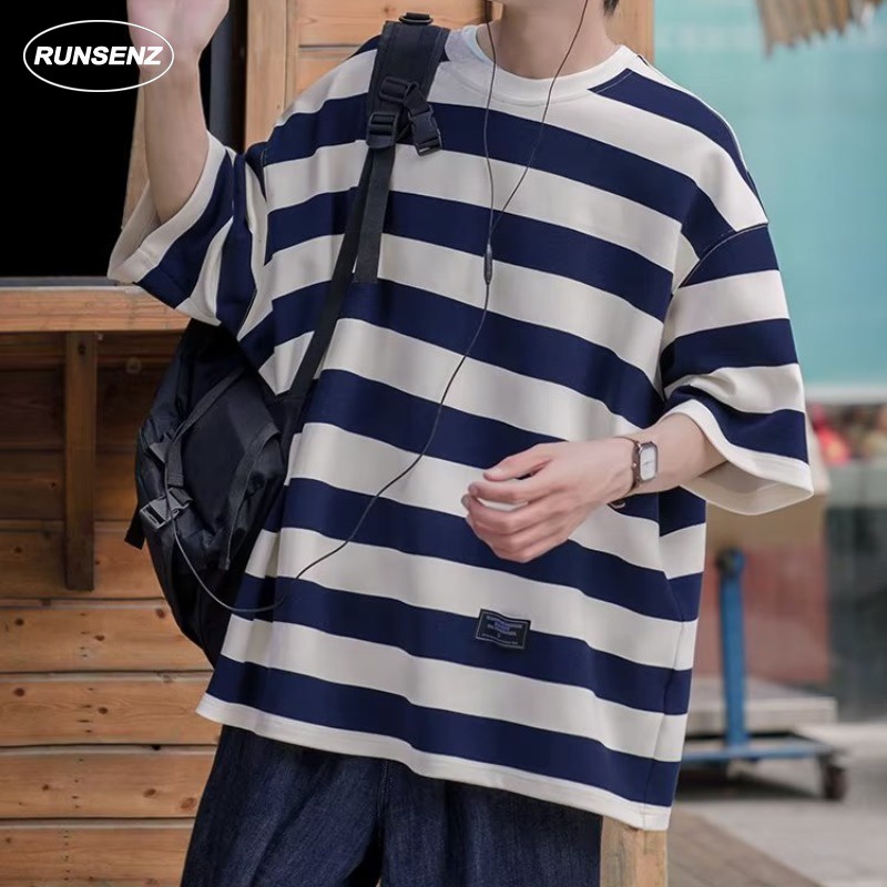 Áo Thun Tay Ngắn Dáng Rộng Họa Tiết Kẻ Sọc Phong Cách Hàn Quốc Thời Trang Cho Nam Và Nữ M-8XL