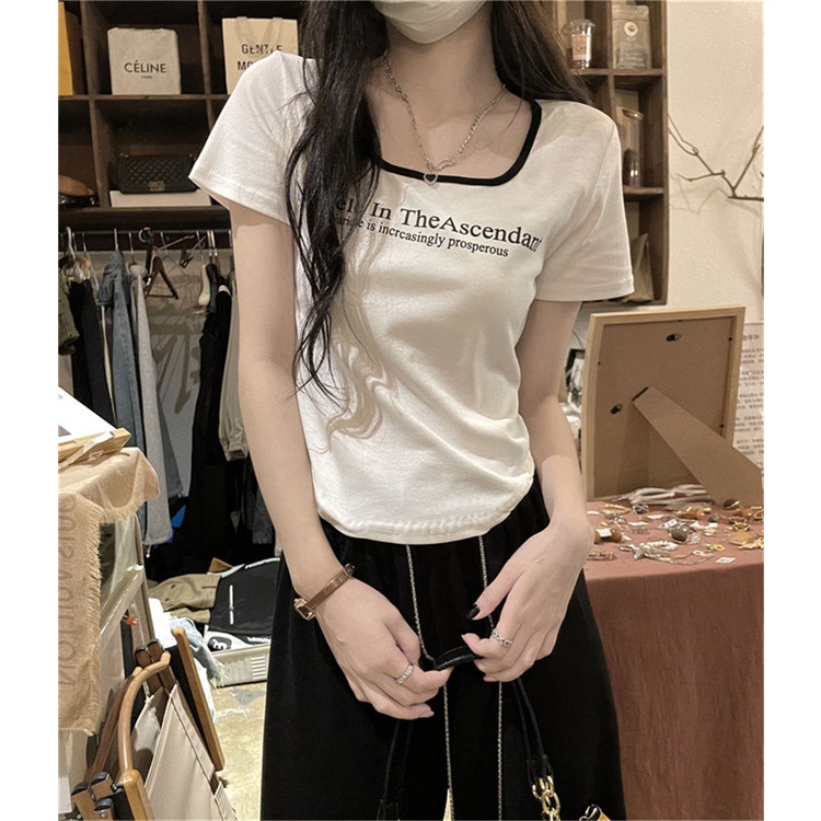 COZOK Áo Thun Ngắn Tay Cổ Vuông Thiết Kế Lệch Tà Thời Trang Cho Nữ