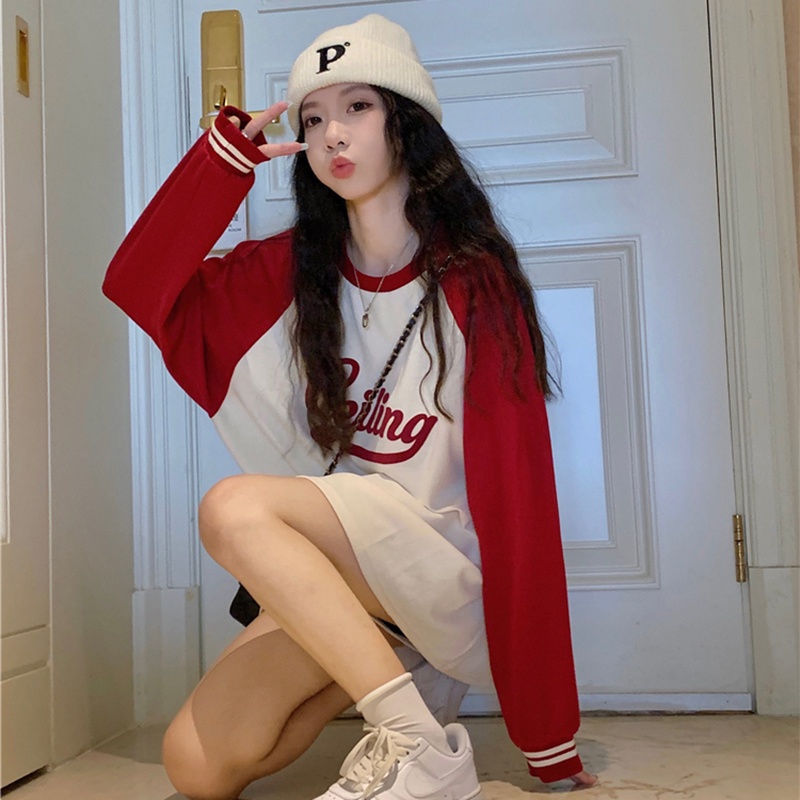 IELGY  Áo sweater Tay raglan In Chữ Phong Cách retro Mỹ Cho Nữ