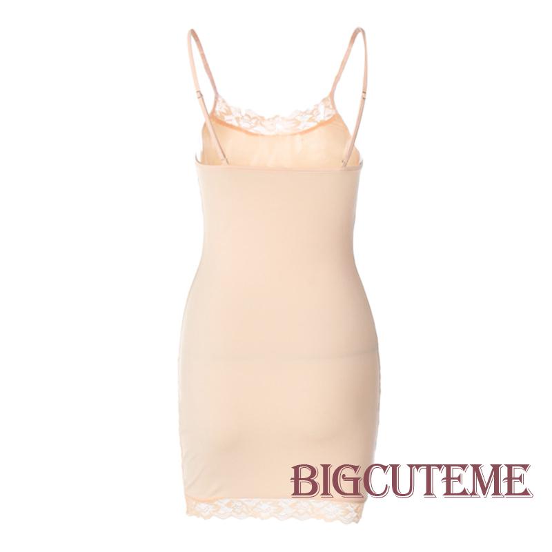 [] - Đầm Ôm Mini Hai Dây Phối Ren Màu Trơn