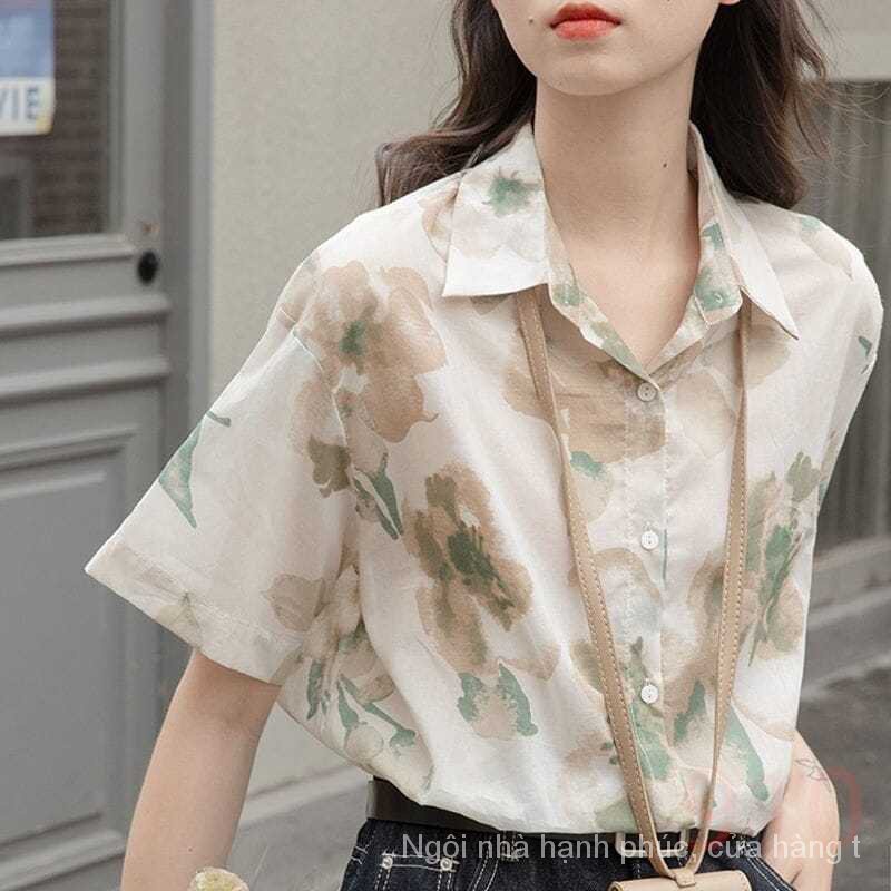 Áo Sơ Mi Ngắn Tay Dáng Rộng Cổ POLO Thiết Kế Hoa Phong Cách Hàn Quốc Phương Tây Thời Trang Mùa Hè Dành Cho Nữ