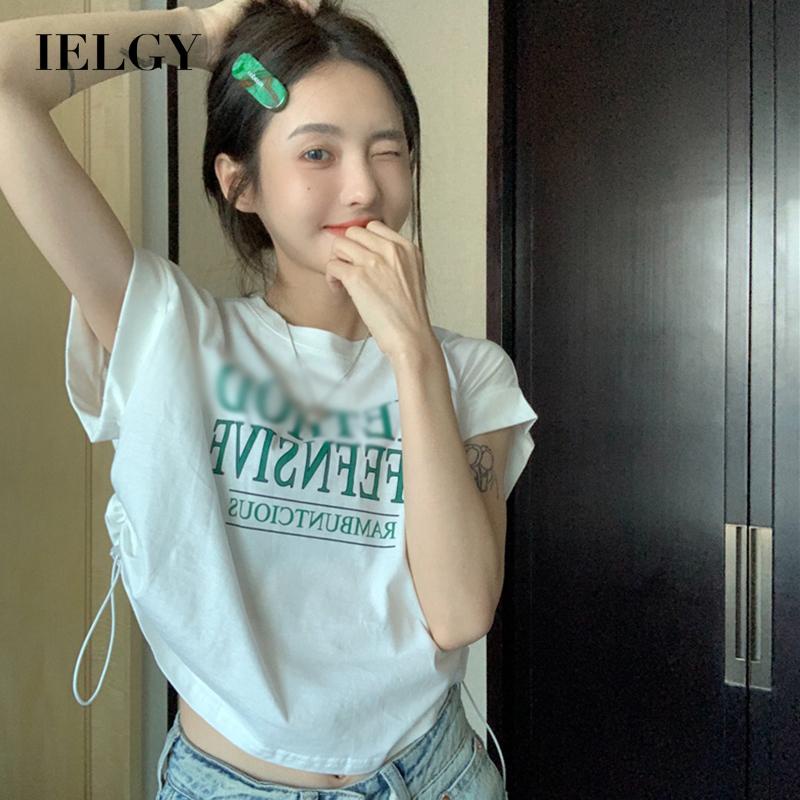 IELGY  Áo Thun Xám Tay Ngắn Phối Dây Rút In Họa Tiết Thời Trang Cho Nữ