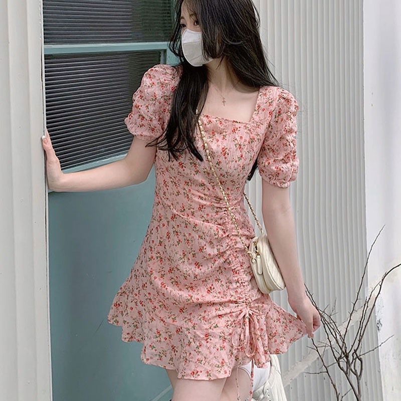 Xiang Nian Ni Đầm hoa cổ vuông tay phồng ôm eo size lớn thời trang cho nữ