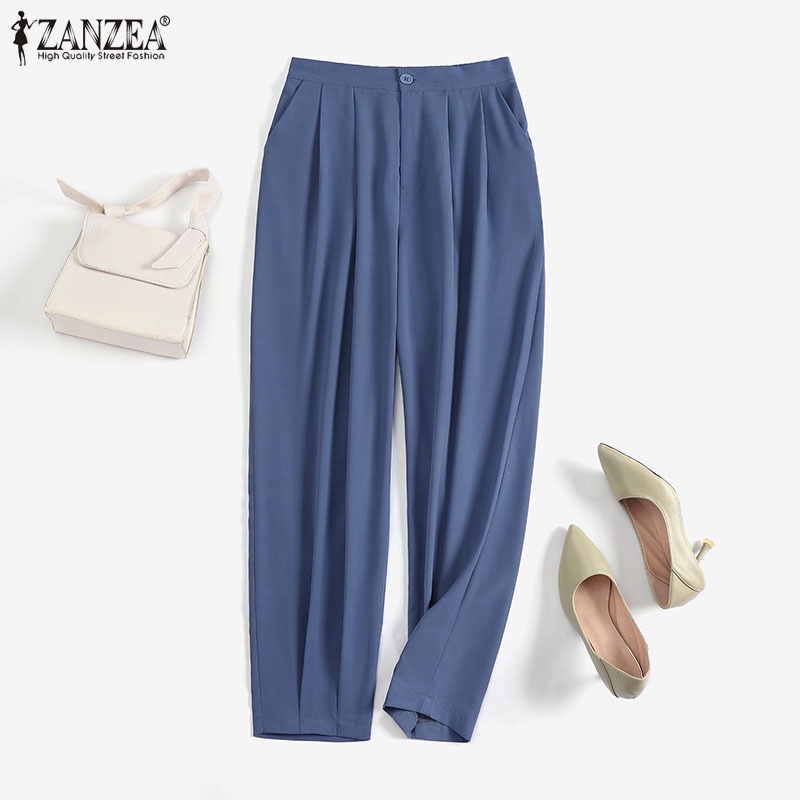 Quần dài ZANZEA ống đứng lưng cao xếp ly thời trang cho nữ