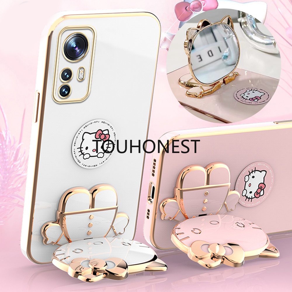 Ốp Điện Thoại Xiaomi 12 Pro Case Xiaomi Mi 10 Lite Casing Xiaomi Mi 10S Cases Xiaomi 12T Pro Case Xiaomi Mi Note 10 Pro Case Xiaomi Mi CC9 Pro Case Xiaomi Mix 4 Case Cute Anime Cartoon Vanity Mirror Hello Kitty Holder Phone Cover Case With Metal Sheet TK