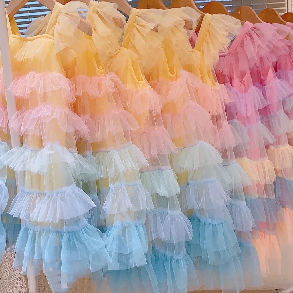Đầm Xòe Xếp Tầng Vải Tuyn Màu Cầu Vồng Dễ Thương Thời Trang Mùa Hè Cho Bé Gái
