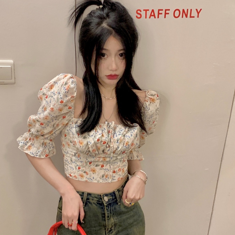 IELGY     Áo Kiểu Tay Phồng Cổ Vuông In Họa Tiết Hoa Phong Cách Pháp Thời Trang Cho Nữ