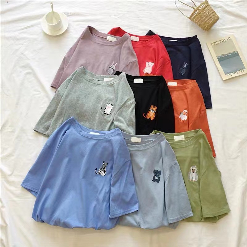 Áo Thun Ngắn Tay Cổ Tròn Thêu Họa Tiết Thời Trang Hàn Quốc Cho Nữ