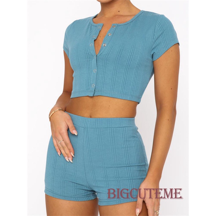 Set Đồ Mùa Hè 2 Món Gồm Áo Tay Cộc Cổ Tròn Cài Nút + Quần Ngắn Lưng Cao Màu Trơn Cho Nữ