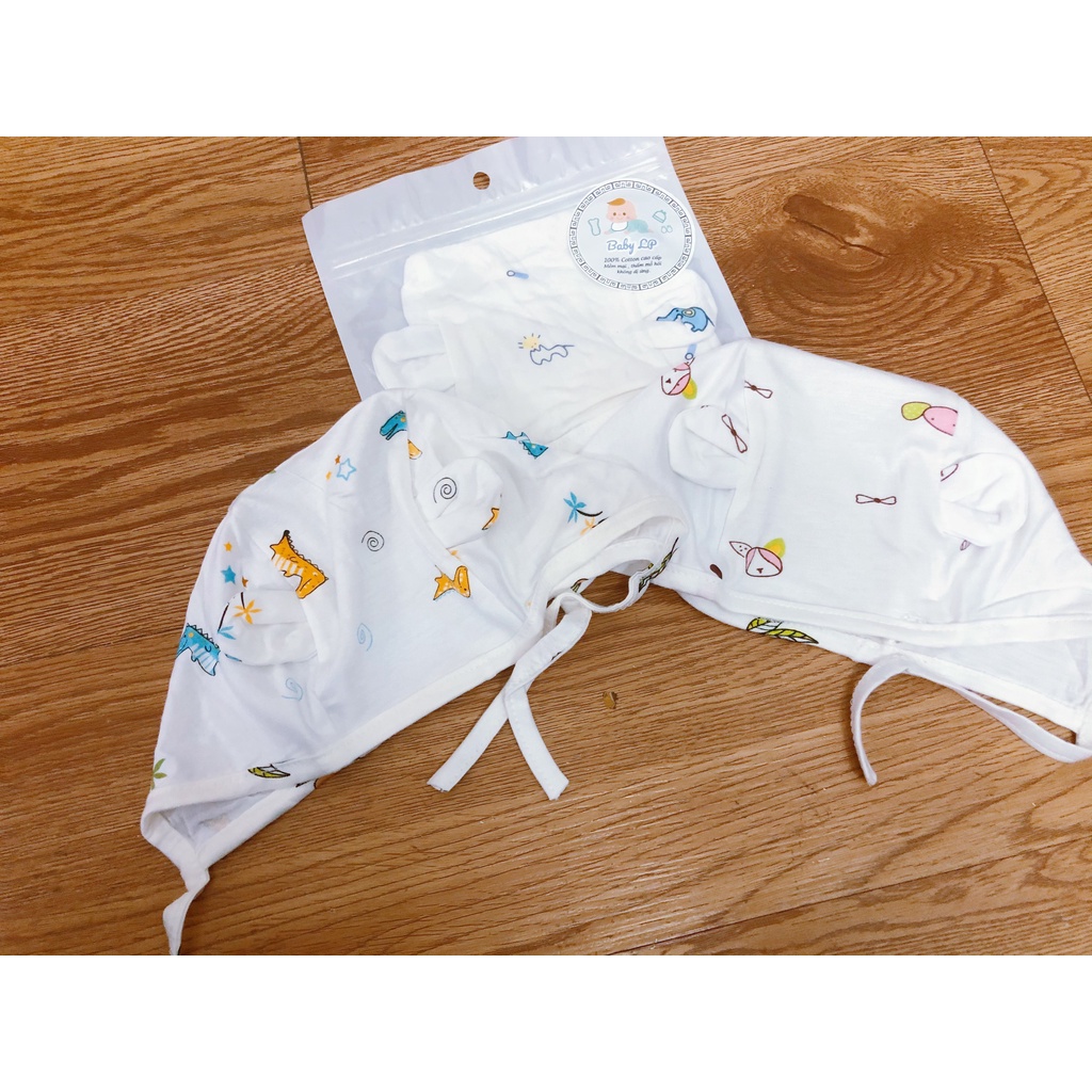 Mũ sơ sinh tai gấu thun lạnh có dây buộc cho bé yêu