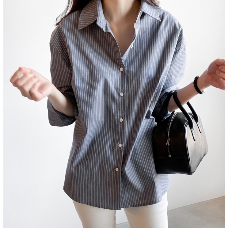 Áo sơ mi SUXI tay dài dáng rộng họa tiết kẻ sọc phong cách tối giản thời trang mùa xuân
