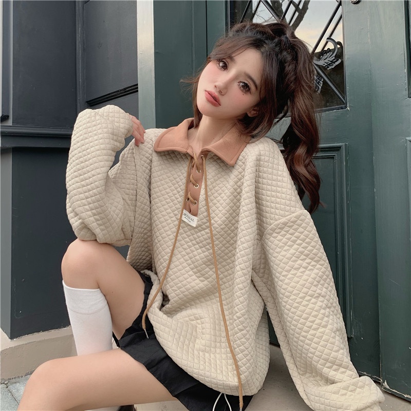IELGY   Áo sweater Tay Dài Dáng Rộng Màu Sắc Đối Lập Phong Cách Hàn Quốc Dễ Phối Đồ Cho Nữ