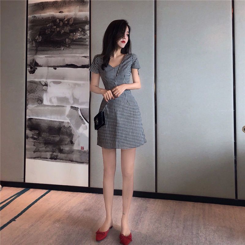 Đầm, Đầm kẻ sọc cổ chữ V kiểu dáng retro, Váy chữ A chữ A nhỏ phong cách Hồng Kông, Đầm kẻ sọc nữ phong cách nước ngoài, Đầm nữ tính điệu đà, Đầm ôm eo ngọt ngào