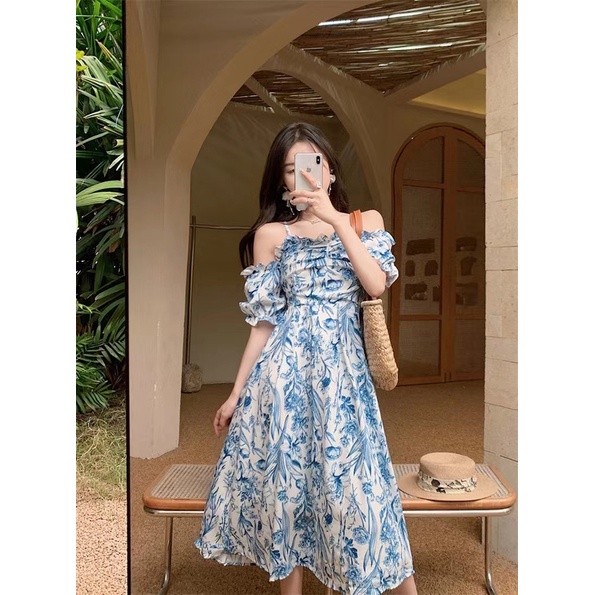 Đầm Ngắn Hai Dây Không Đều Họa Tiết Hoa Màu Xanh Dương Phong Cách Hàn Quốc Kiểu Mới Cho Nữ