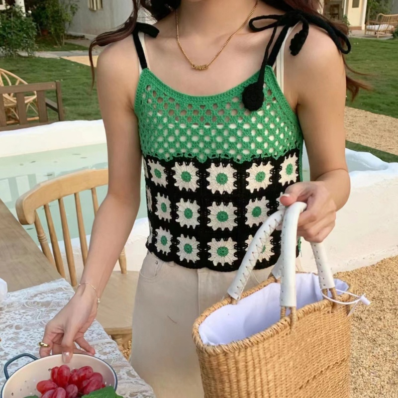 Áo Croptop Hai Dây Dệt Kim Dáng Rộng Họa Tiết Hoa Thời Trang Cho Nữ