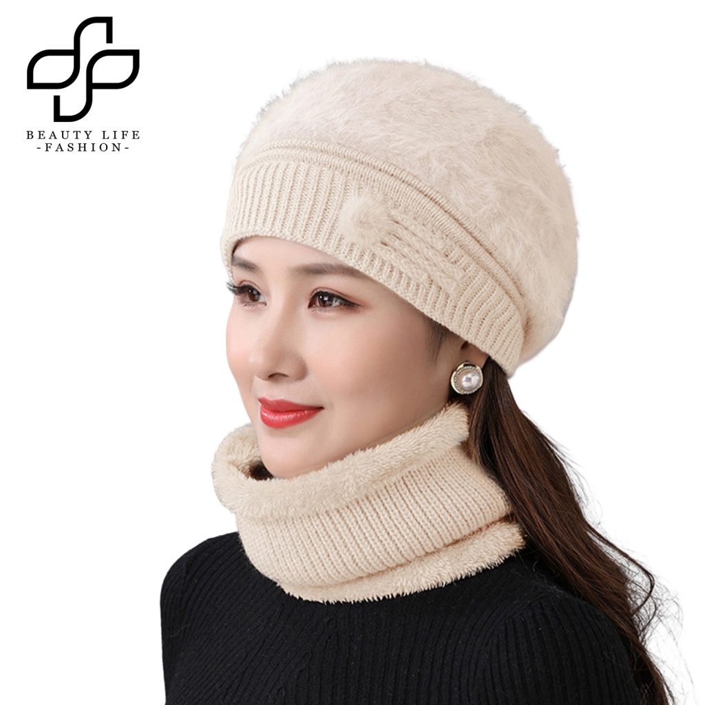 Bộ 2 Món Nón + Khăn Choàng Cổ + Khăn Choàng Cổ Bằng Lông Thỏ Nhân Tạo Màu Trơn Thời Trang Thu Đông Cho Nữ