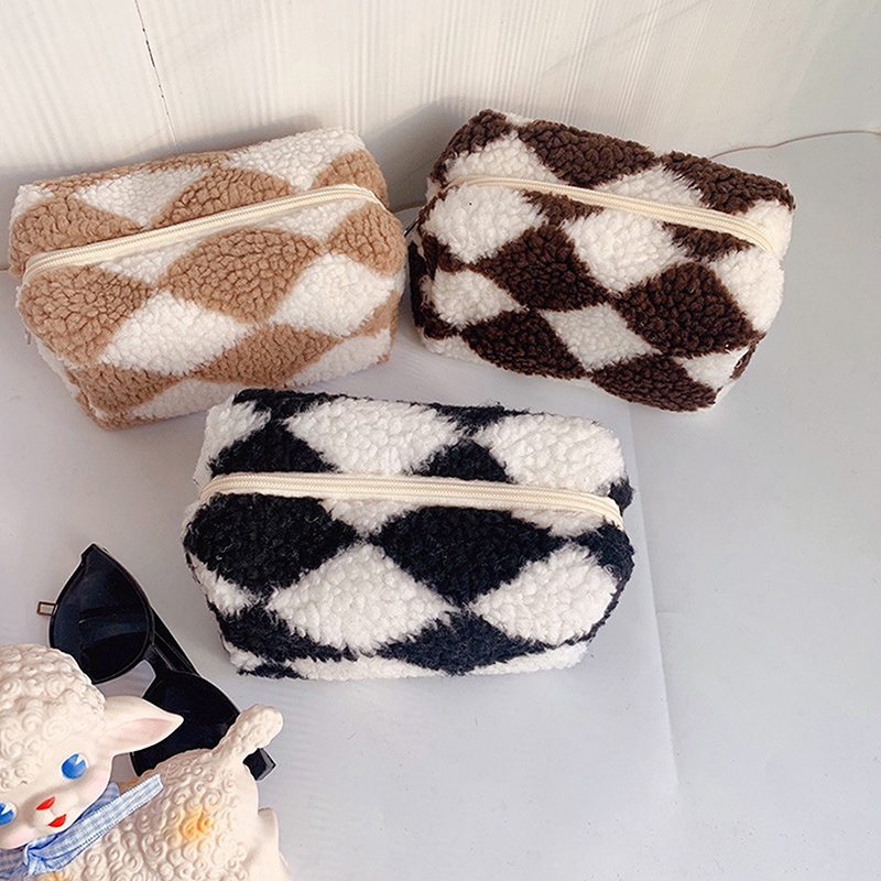 Túi Đựng Đồ Trang Điểm / Bút Chì Sức Chứa Lớn Phối Lông Họa Tiết Sọc Caro Cho Học Sinh