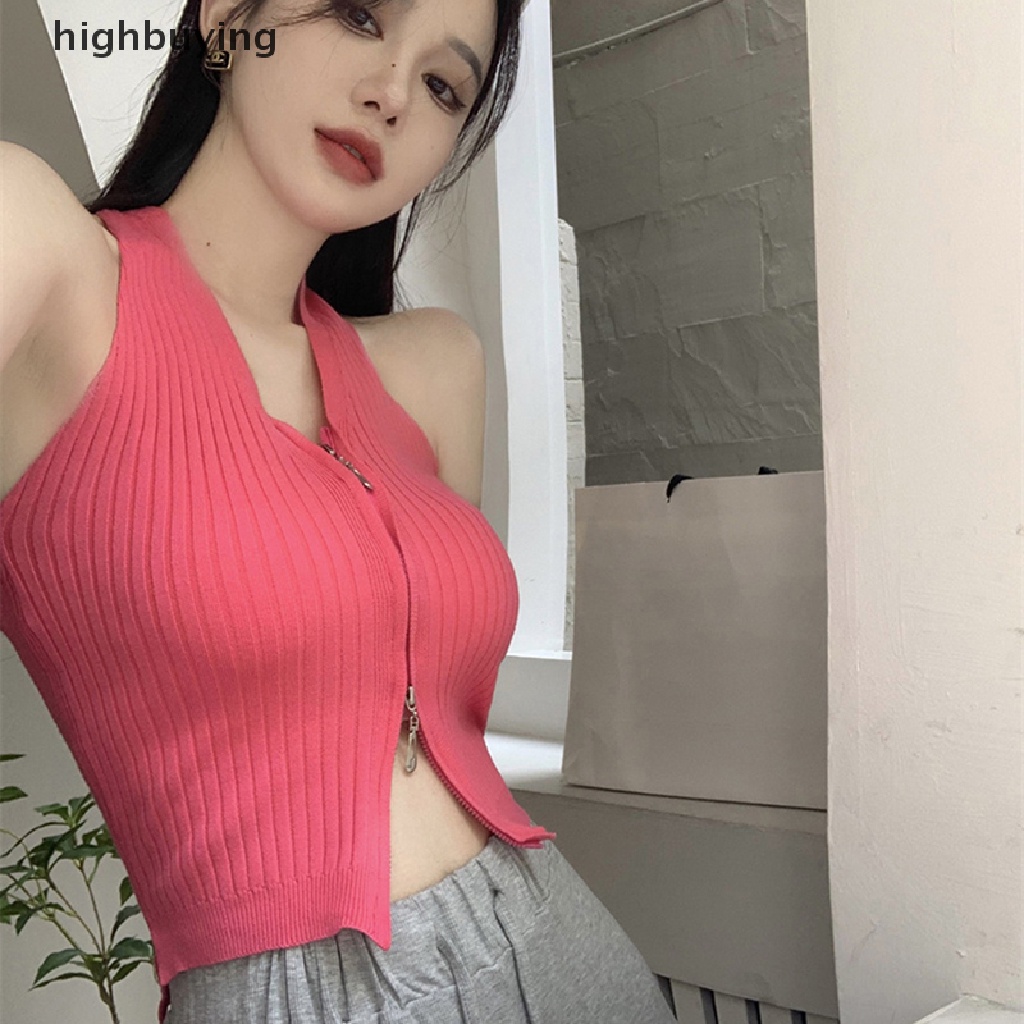 Hbvn Belle Áo Crop Top Hai Dây Cổ Chữ V Gợi Cảm Màu Trơn Phối Khóa Kéo Phong Cách Đường Phố Cho Nữ