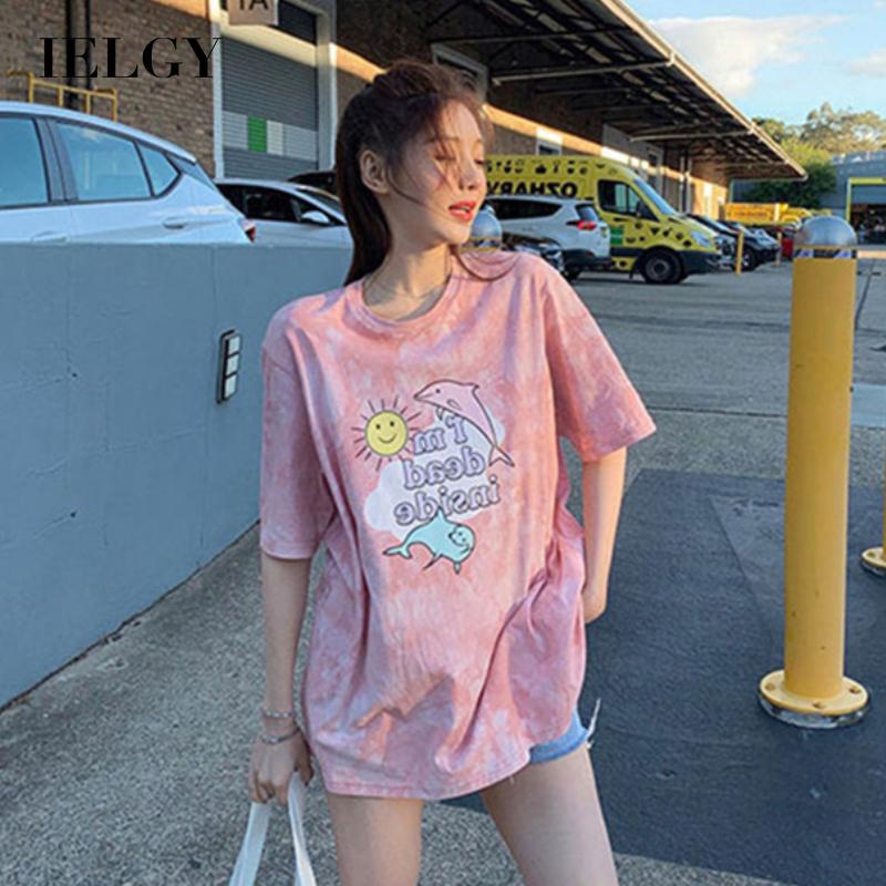 IELGY Áo Thun Ngắn Tay Nhuộm Màu Họa Tiết Hoạt Hình Phong Cách Hàn Quốc Cho Nữ