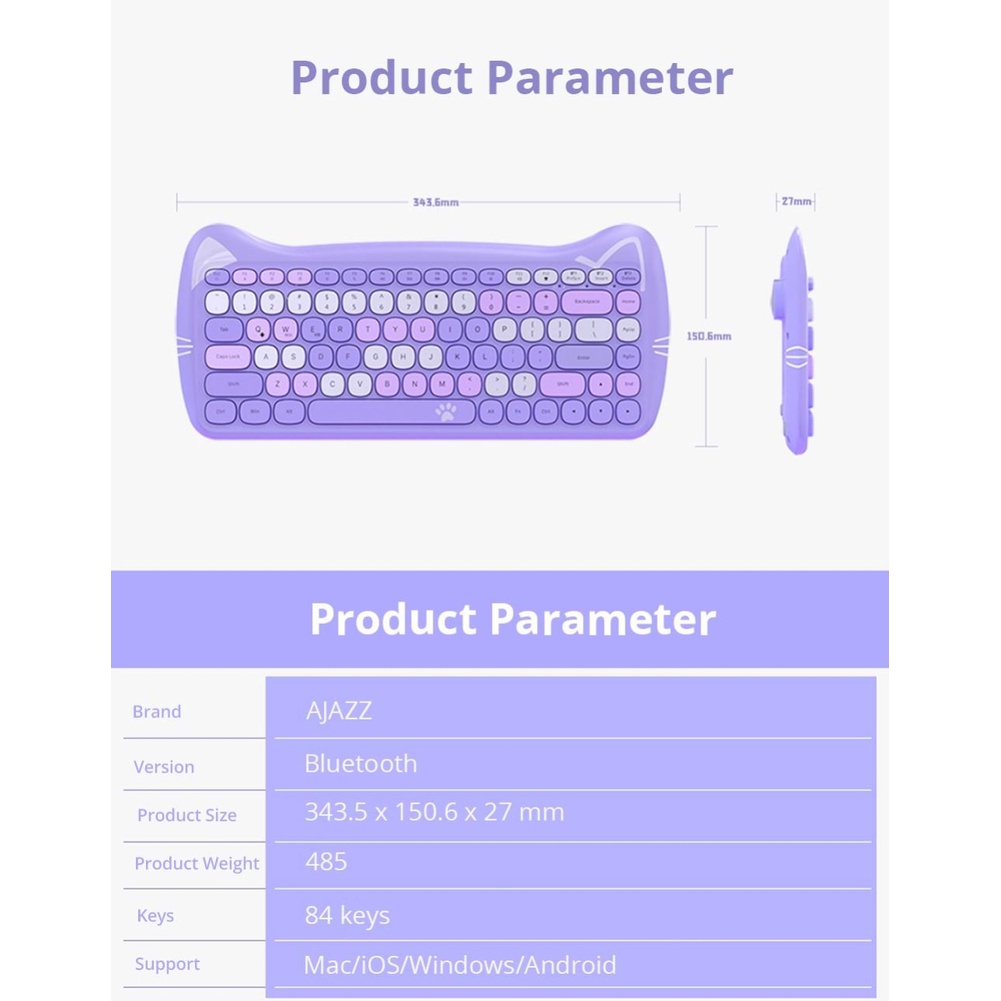 Black Jennings Ajazz 3060i Bàn Phím Hoạt Hình Mỏng Nhẹ Bluetooth 84 Phím Hoạt Hình.