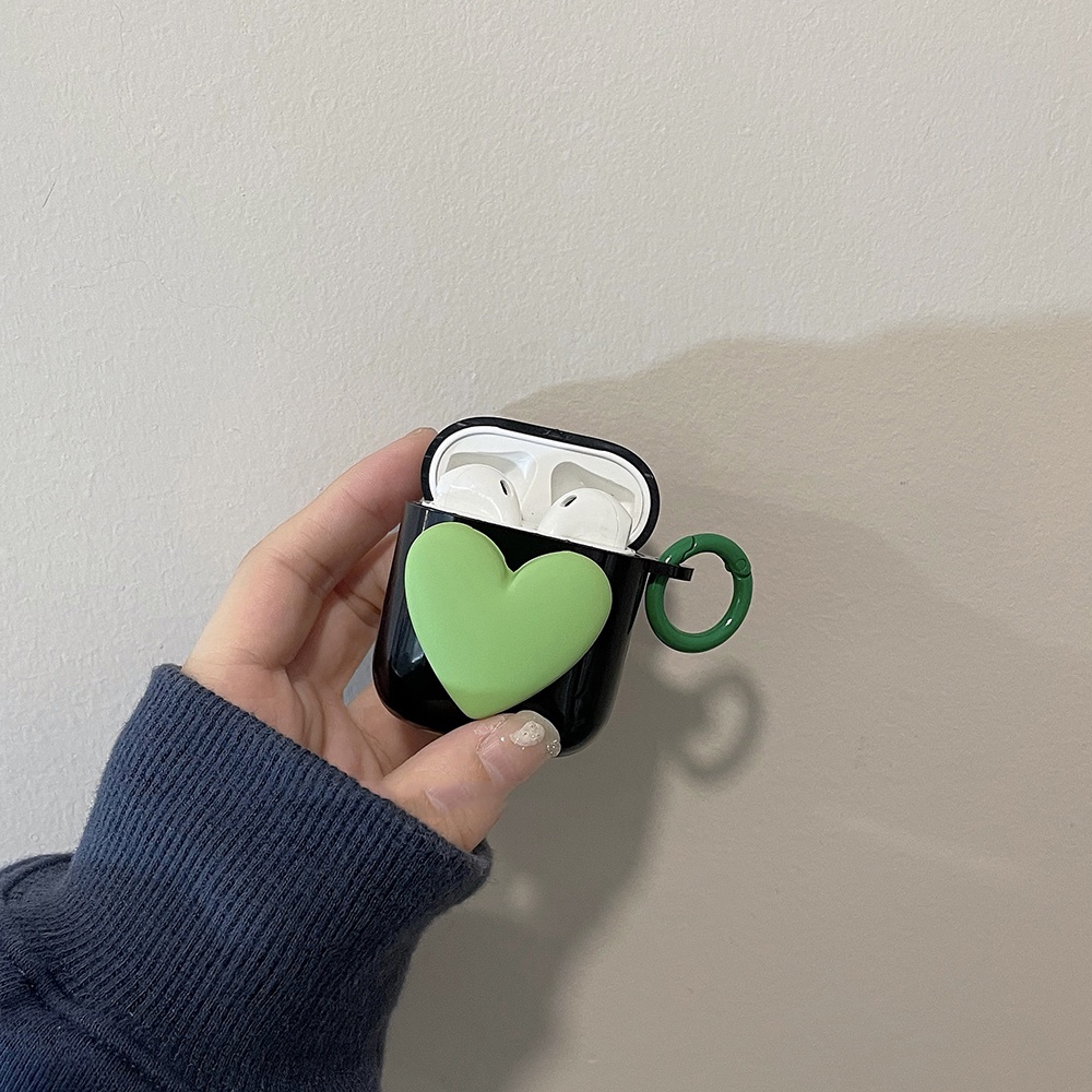 Vỏ Bảo Vệ Hộp Sạc Tai nghe không dây Airpods 1 / 2 / pro Bằng TPU Mềm Họa Tiết Trái Tim Màu Đen / Xanh Lá Kiểu Hàn Quốc