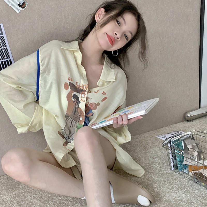 IELGY Áo Sơ Mi Tay Dài In Họa Tiết Hoạt Hình Phong Cách Hàn Quốc Cho Nữ