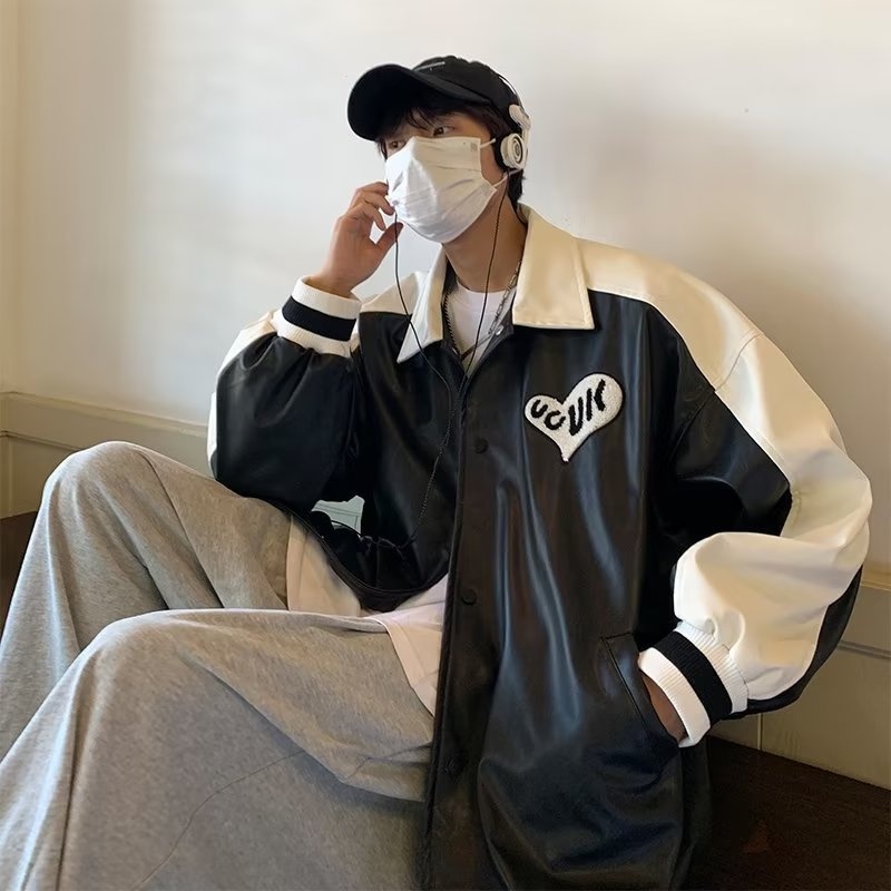 Áo Khoác Da Giả Dáng Rộng Phong Cách Harajuku Trẻ Trung Cá Tính Cho Nam