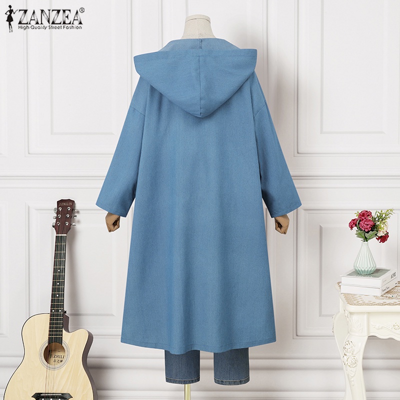 Áo khoác denim ZANZEA tay dài có mũ trùm đầu và túi thời trang dành cho nữ