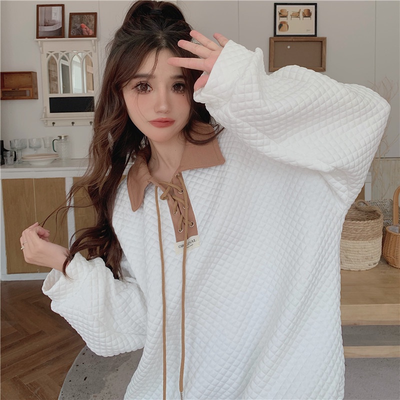 IELGY   Áo sweater Tay Dài Dáng Rộng Màu Sắc Đối Lập Phong Cách Hàn Quốc Dễ Phối Đồ Cho Nữ