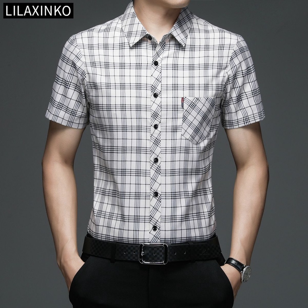 Áo Sơ Mi Cotton Tay Ngắn Có Túi Họa Tiết Sọc Caro 4 Màu Chất Lượng Cao Thời Trang Cho Nam