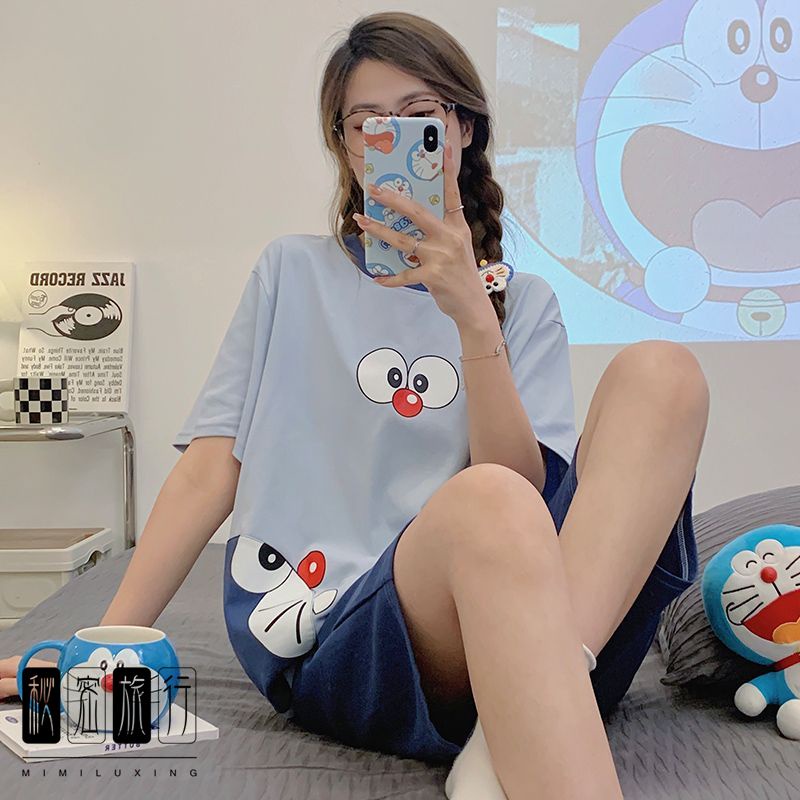 Bộ Đồ Ngủ Ngắn Tay Dáng Rộng In Hoạt Hình Mèo Doraemon Đáng Yêu Thời Trang Mùa Hè Cho Nữ
