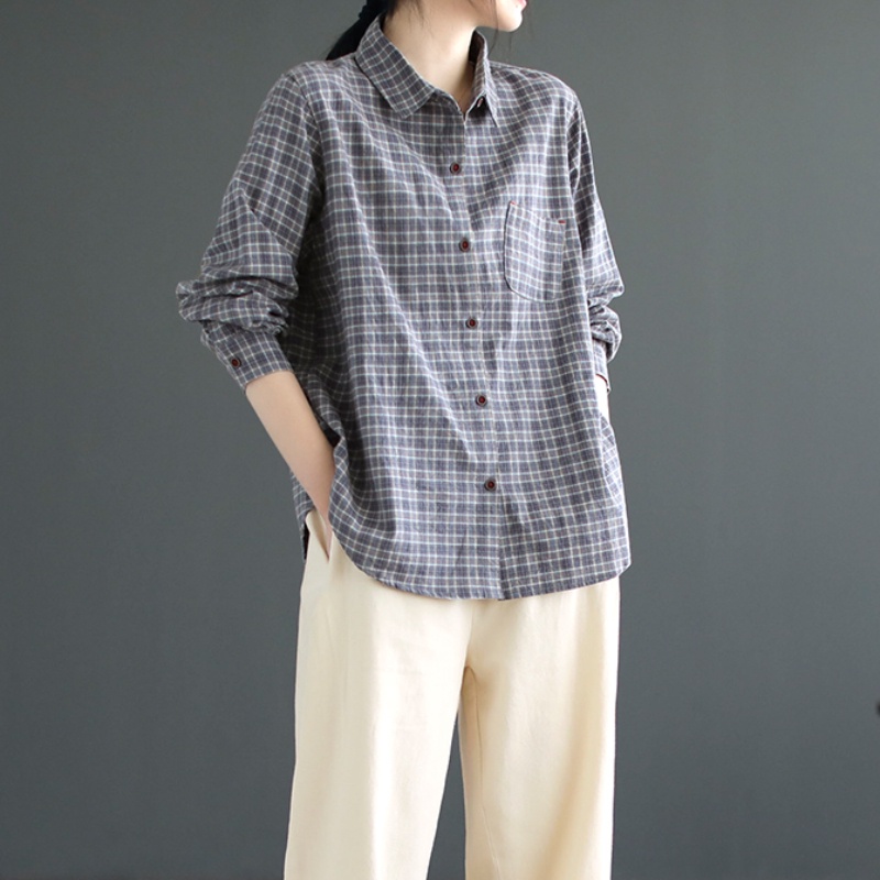 Áo Sơ Mi Cotton Kẻ Sọc Caro Màu Sắc Tương Phản Retro Cho Nữ